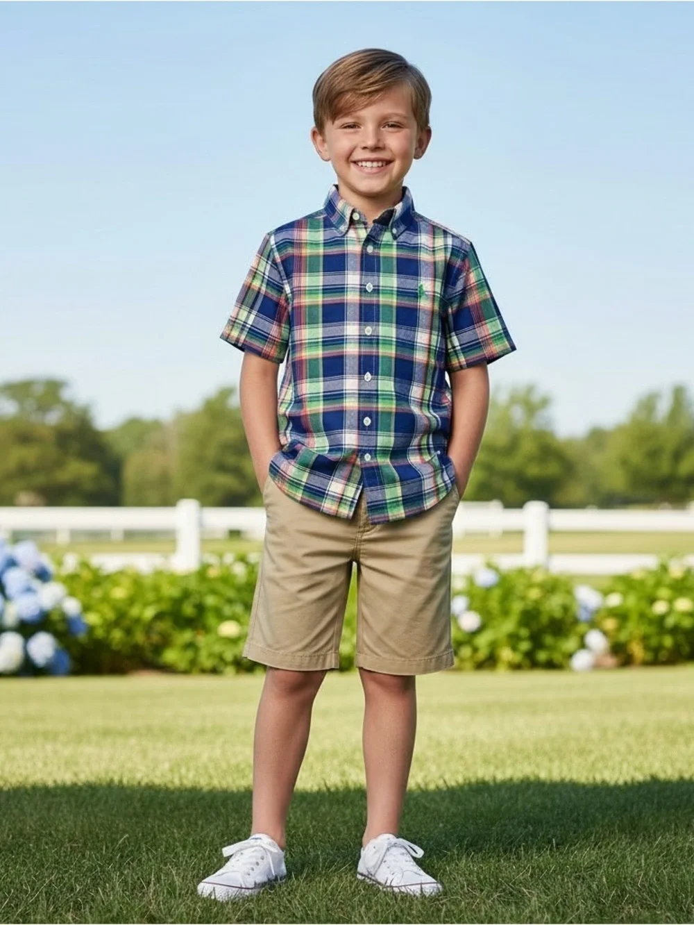 Ralph Lauren Short Sleeve Navy, Green & Pink Plaid Button-Down Shirt-Boys Small
